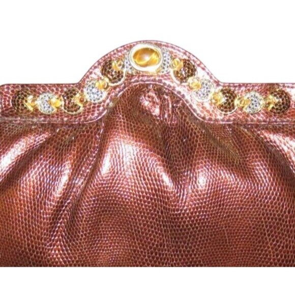 J. TIRAS Metallic Copper Snakeskin Embossed Leather Crossbody Jeweled Clutch bag - Picture 3 of 15